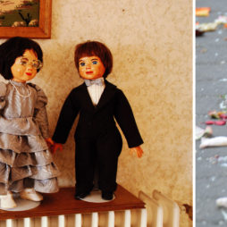 Der schönste Platz ist immer an der Theke Hochzeitspaar als Puppen und Rosenblätter auf Boden